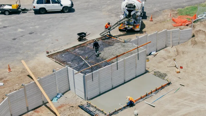 Workers at a construction site pouring and leveling concrete into a framed area, with a concrete mixer truck in the background and temporary fencing surrounding the site