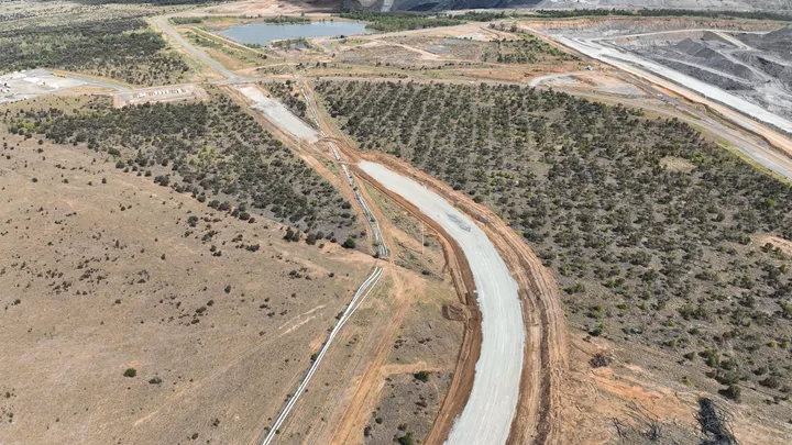 An aerial view of large-scale civil and mining construction showcasing road formation and site infrastructure development by Durack Civil.