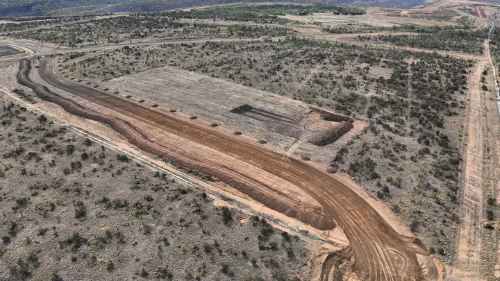 An aerial view of site preparation for mining and civil construction, showcasing earthworks and road formation by Durack Civil
