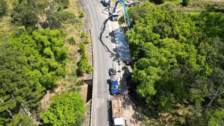 High-level aerial view showcasing road and bridge restoration activities conducted by Durack Civil for Gympie Regional Council as part of the Disaster Recovery Funding Arrangements