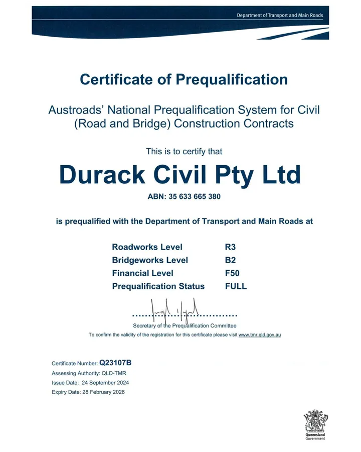 Durack Civil's Austroads Prequaification Certificate